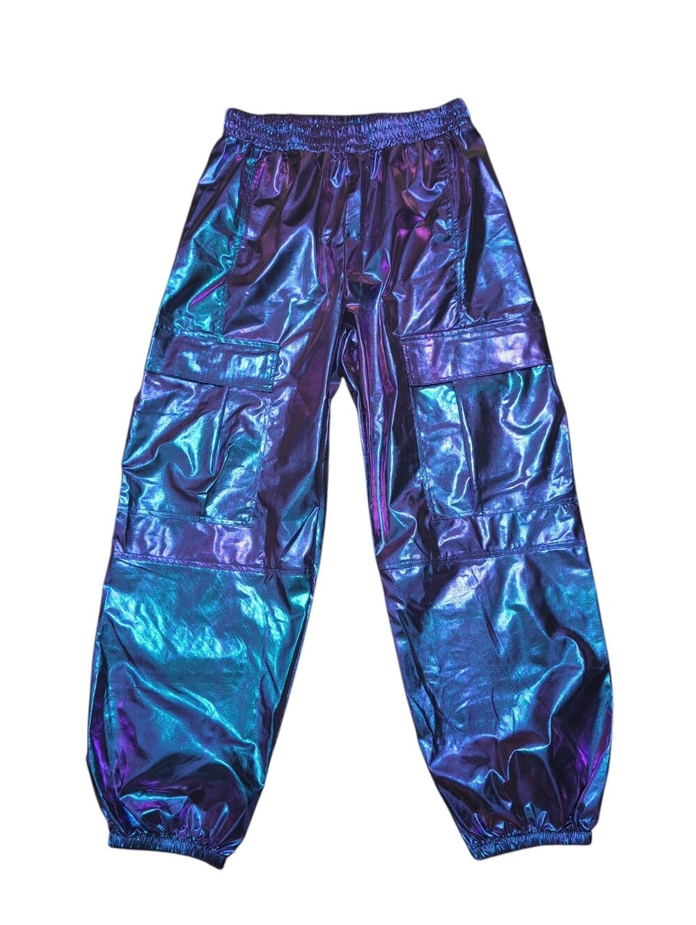 Metallic Cargo Pants Hip Hop Dance Multi Pocket Purple And Cyan Blue Joggers XL
